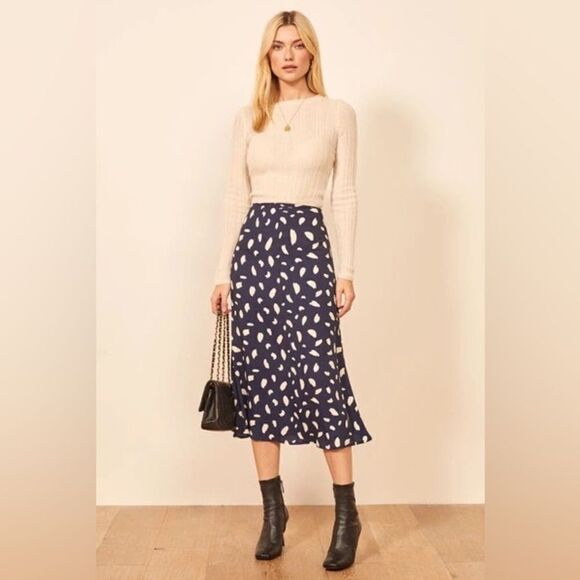 Reformation Bea Paint Splatter Spot Navy Blue MIDI Skirt - Picture 10 of 10